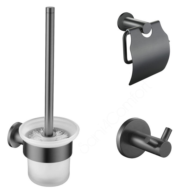 Toilet Accessoires Set Rondo Gun metal Toiletrolhouder Toiletborstelhouder en Jashaak