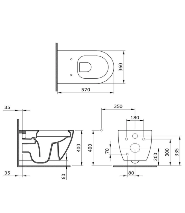 BOCCHI Hangtoilet Venezia Randloos Wit 57x36x35 excl. Toiletbril