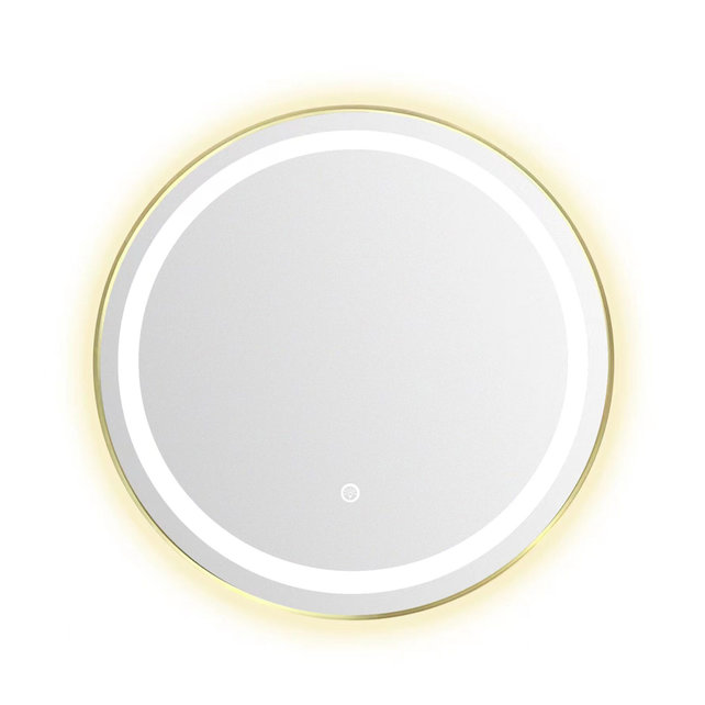 Badkamerspiegel Goud Geborsteld Rond Hamburg 90cm Anti condens en Led-verlichting touch schakelaar met spiegelverwarming