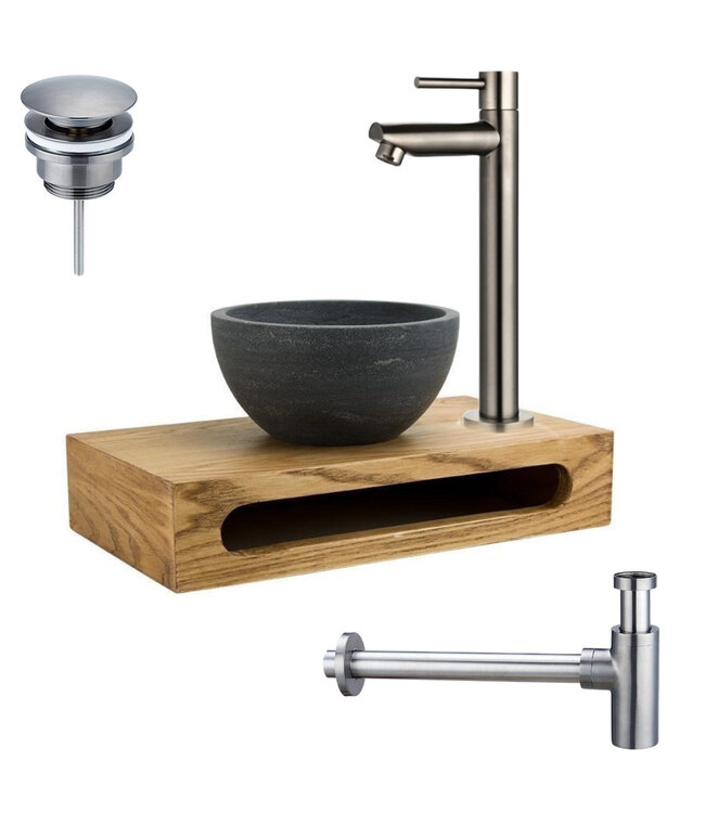 PARRO Mini Toilet Fonteinset Largo Zwart met Handdoekhouder natuursteen waskom Sifon kraan en waste 40x22x8cm