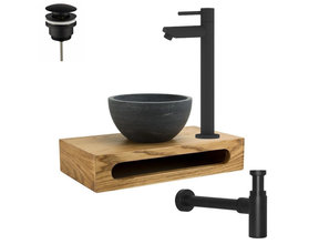 PARRO Mini Toilet Fonteinset Largo Zwart met Handdoekhouder natuursteen waskom Sifon kraan en waste 40x22x8cm