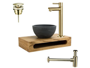 PARRO Mini Toilet Fonteinset Largo Goud met Handdoekhouder natuursteen waskom Sifon kraan en waste 40x22x8cm