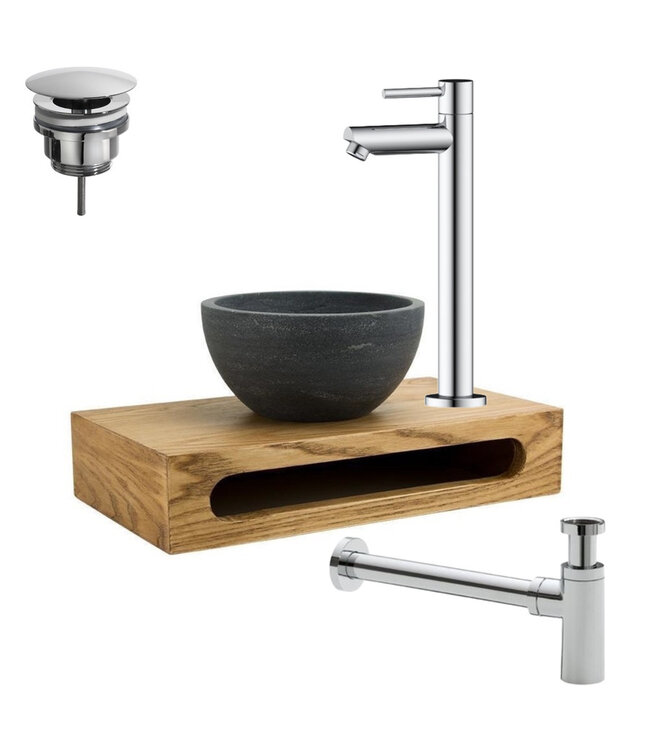 SANI-SUPPLY PARRO Mini Toilet Fonteinset Largo Gun Metal met Handdoekhouder natuursteen waskom Sifon kraan en waste 40x22x8cm