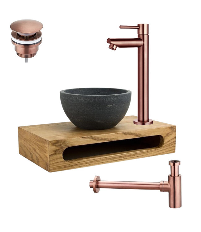 PARRO Mini Toilet Fonteinset Largo Gun Metal met Handdoekhouder natuursteen waskom Sifon kraan en waste 40x22x8cm