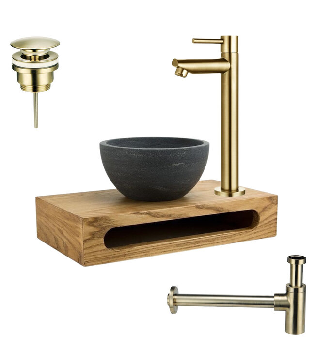 PARRO Mini Toilet Fonteinset Largo Gun Metal met Handdoekhouder natuursteen waskom Sifon kraan en waste 40x22x8cm