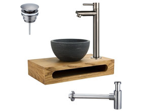 PARRO Mini Toilet Fonteinset Largo Gun Metal met Handdoekhouder natuursteen waskom Sifon kraan en waste 40x22x8cm