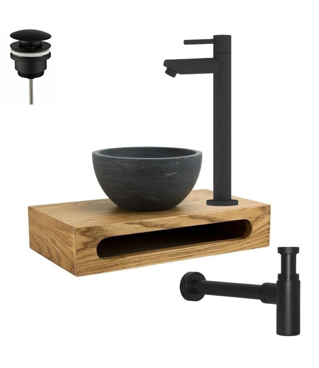 PARRO Mini Toilet Fonteinset Largo Gun Metal met Handdoekhouder natuursteen waskom Sifon kraan en waste 40x22x8cm