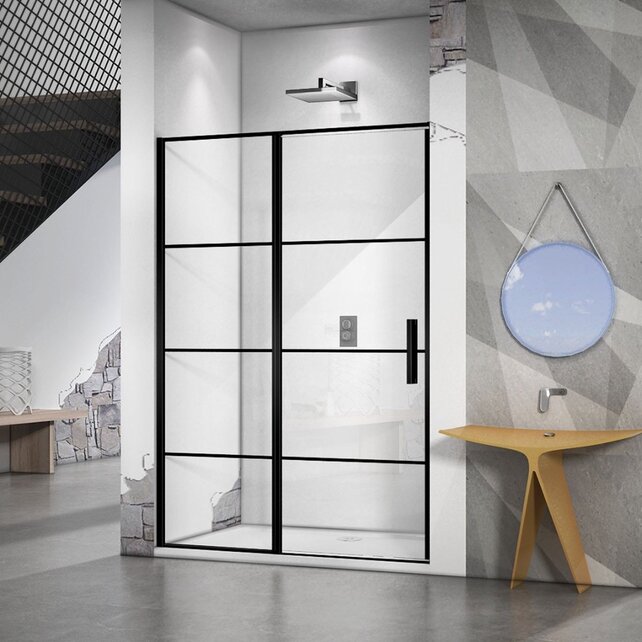 Douchedeur Collins Nisdeur Draaideur 110x200cm Mat Zwart Antikalk Helderglas 8mm Veiligheidsglas Easy Clean