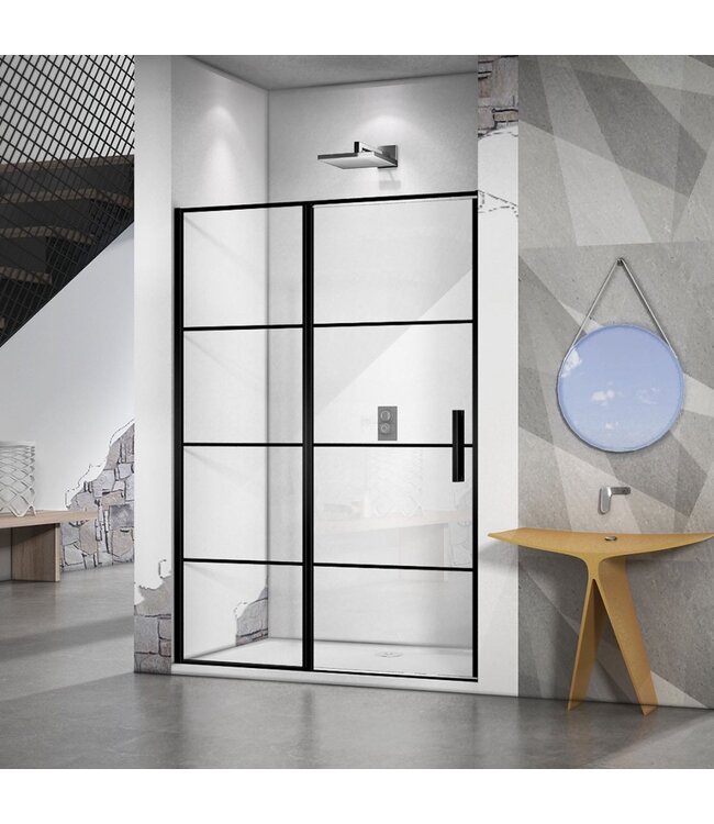 Douchedeur Collins Nisdeur Draaideur 110x200cm Mat Zwart Antikalk Helderglas 8mm Veiligheidsglas Easy Clean