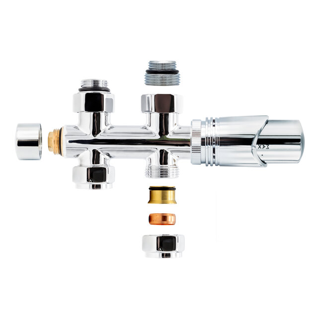 Thermostatische Onderblok H-Blok 2-pijps Radiatorkraan Haaks Chroom 1/2Mx16/2 M30 Thermostatische Onderblok H-Blok 2-pijps Radiatorkraan Haaks Chroom 1/2Mx16/2 M30
