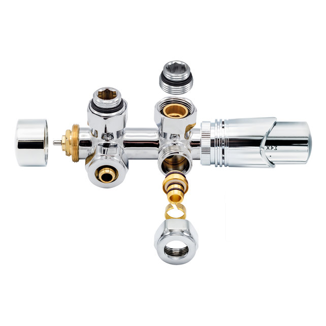 Thermostatische Onderblok H-Blok 2-pijps Radiatorkraan Haaks Chroom 1/2Mx16/2 M30 Thermostatische Onderblok H-Blok 2-pijps Radiatorkraan Haaks Chroom 1/2Mx16/2 M30