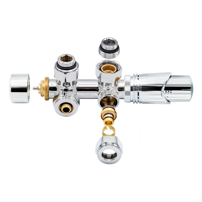 Thermostatische Onderblok H-Blok 2-pijps Radiatorkraan Haaks Chroom 1/2Mx16/2 M30 Thermostatische Onderblok H-Blok 2-pijps Radiatorkraan Haaks Chroom 1/2Mx16/2 M30