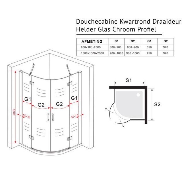 Douchecabine Kwartrond Draaideur 100x100x200cm Antikalk Helder Glas Chroom Profiel 8mm Veiligheidsglas Easy Clean