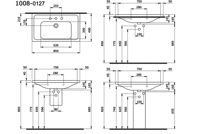 Bocchi Keramische Wastafel Taormina 100x49x4cm Wit vrij ophangbaar met kraangat en overloop