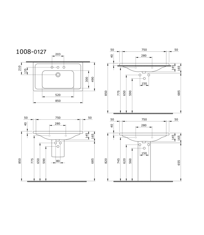 Bocchi Keramische Wastafel Taormina 100x49x4cm Wit vrij ophangbaar met kraangat en overloop