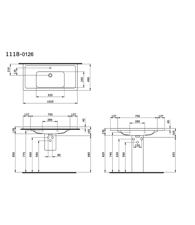 Bocchi Keramische Wastafel Taormina 85x49x4cm Wit vrij ophangbaar met kraangat en overloop