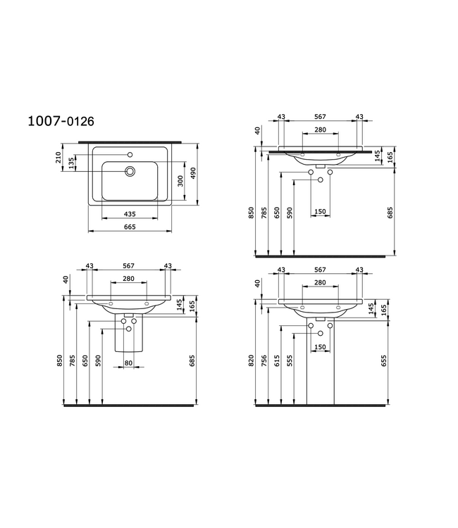 Bocchi Keramische Wastafel Taormina 65x49x4cm Wit vrij ophangbaar met kraangat en overloop