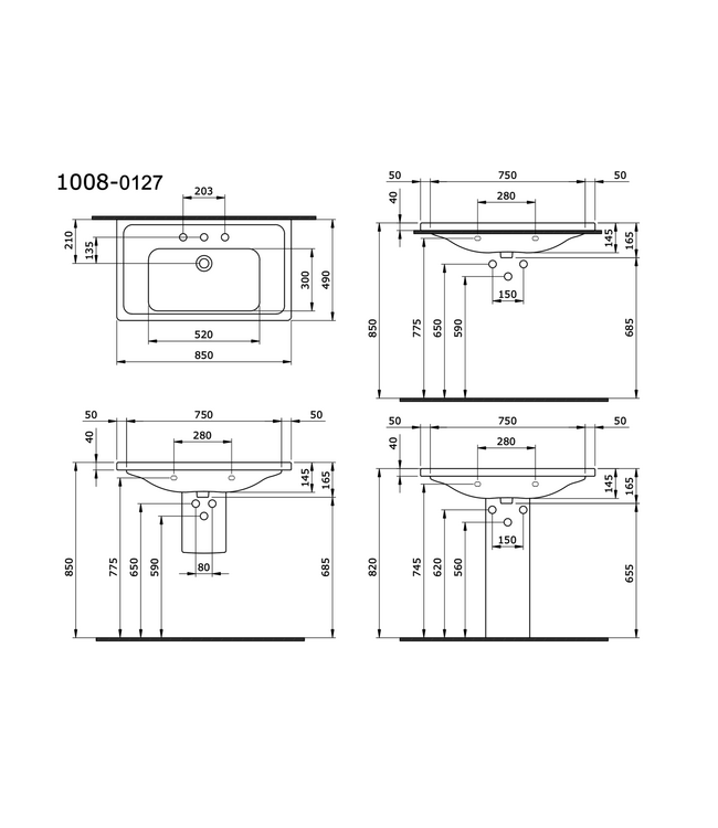 Bocchi Keramische Wastafel Taormina 65x49x4cm Wit vrij ophangbaar met kraangat en overloop