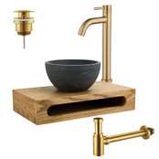 PARRO Mini Toilet Fonteinset Goud met Handdoekhouder natuursteen waskom Goud koud water Kraan Pushup en Sifon 40x22x8cm