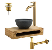 PARRO Mini Toilet Fonteinset Goud met Handdoekhouder natuursteen waskom Goud koud water Kraan Pushup en Sifon 40x22x8cm