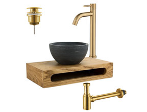 PARRO Mini Toilet Fonteinset Goud met Handdoekhouder natuursteen waskom Goud koud water Kraan Pushup en Sifon 40x22x8cm