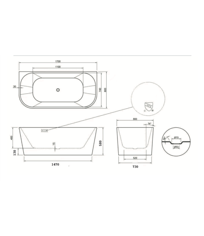 ALONI Half Vrijstaand bad Diamond Ovaal 80x170x58cm Glasvezelversterkt Acryl Glans Wit met Badwaste en Overloop