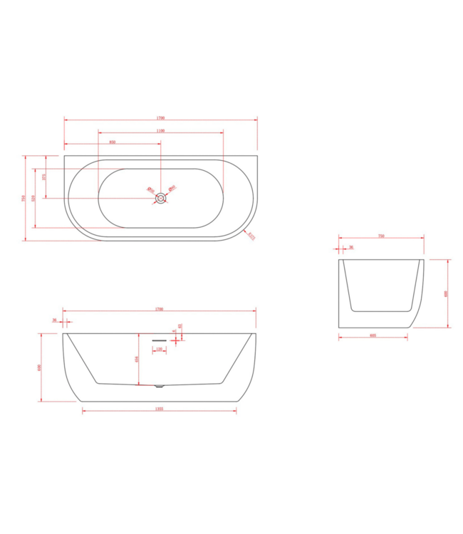 Half vrijstaand Bad Göteborg 170x75x60cm Wit Acryl met afvoer en clickwaste overloop