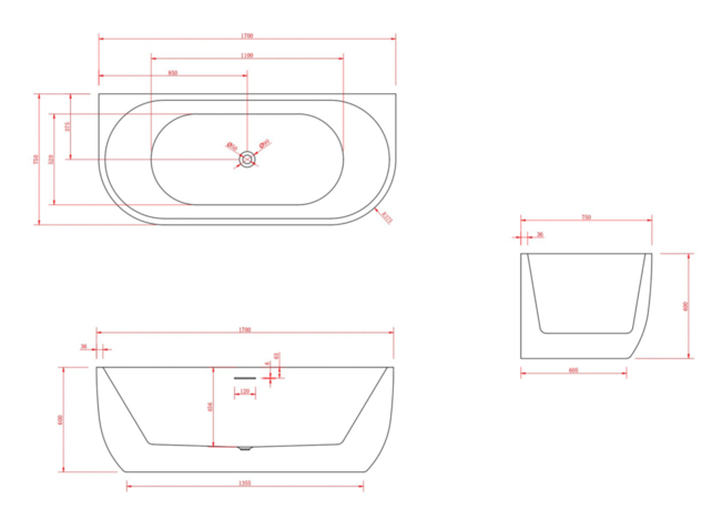 Half vrijstaand Bad Göteborg 170x75x60cm Mat Wit Acryl met afvoer en clickwaste overloop