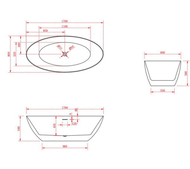 Vrijstaand Bad Ovaal 170x80x58cm Malmö Wit Acryl met overloop en afvoer