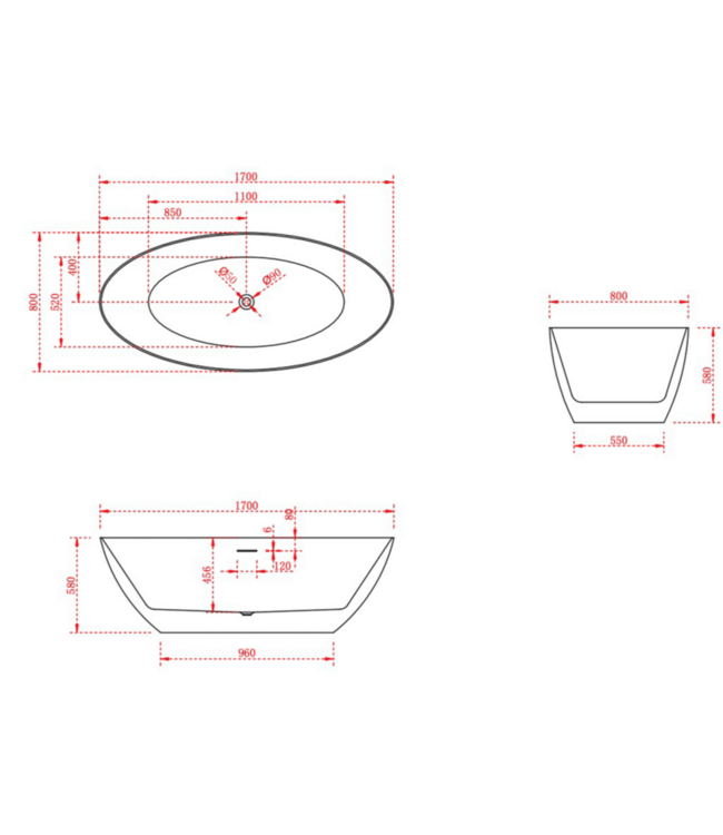FABRIECIO Vrijstaand Bad Ovaal 170x80x58cm Malmö Wit Acryl met overloop en afvoer