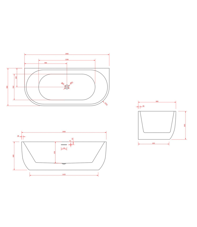 Half vrijstaand Bad Göteborg 180x80x60cm Wit Acryl met afvoer en clickwaste overloop