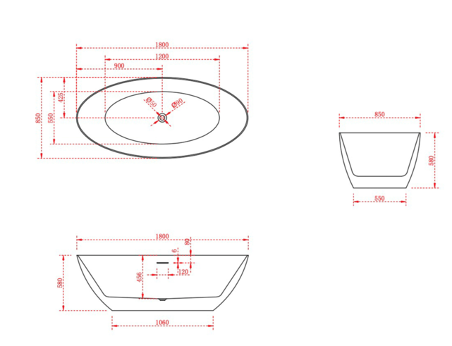 Vrijstaand Bad Ovaal 180x85x58cm Malmö Wit Acryl met overloop en afvoer