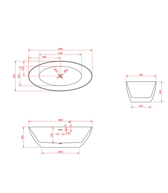 FABRIECIO Vrijstaand Bad Ovaal 180x85x58cm Malmö Wit Acryl met overloop en afvoer