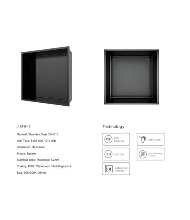 Nisjes badkamer Gun Metal 30x30x10cm Inbouwnis Douche