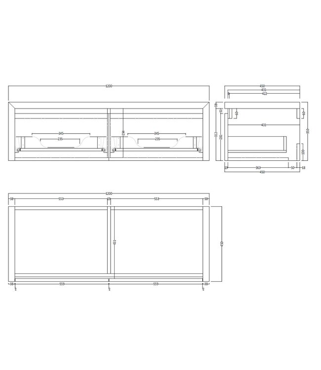 GLISS DESIGN Gliss Design Ares Wastafelonderkast met topblad Ash Gray 120x45x35 cm 2 lade greeploos
