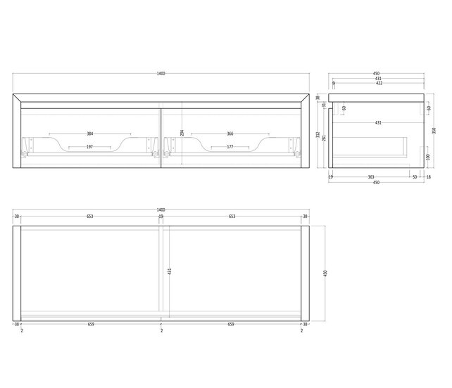 Gliss Design Ares Wastafelonderkast met topblad Ash Gray 140x45x35 cm 2 lade greeploos