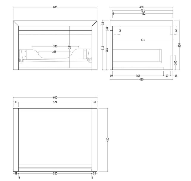 Gliss Design Ares Wastafelonderkast met topblad Charcoal 60x45x35 cm 1 lade greeploos