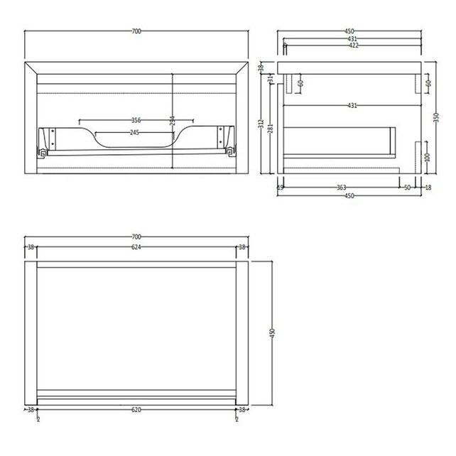 Gliss Design Ares Wastafelonderkast met topblad Charcoal 70x45x35 cm 1 lade greeploos