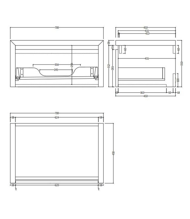 Gliss Design Ares Wastafelonderkast met topblad Charcoal 70x45x35 cm 1 lade greeploos
