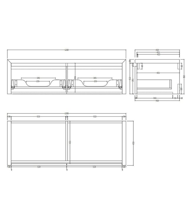 GLISS DESIGN Gliss Design Ares Wastafelonderkast met topblad Charcoal 120x45x35 cm 2 lades greeploos