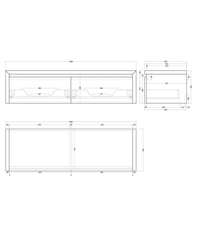 Gliss Design Ares Wastafelonderkast met topblad Charcoal 140x45x35 cm 2 lades greeploos