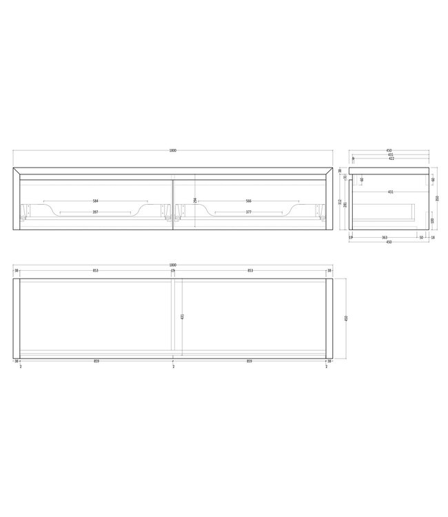 GLISS DESIGN Gliss Design Ares Wastafelonderkast met topblad Charcoal 180x45x35 cm 2 lades greeploos