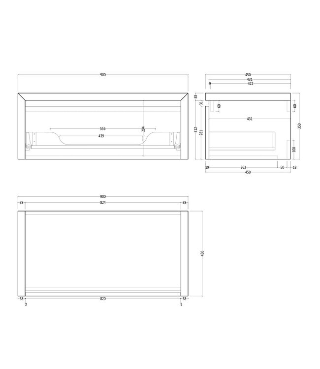 Gliss Design Ares Wastafelonderkast met topblad Castle Brown 90x45x35 cm 1 lade greeploos