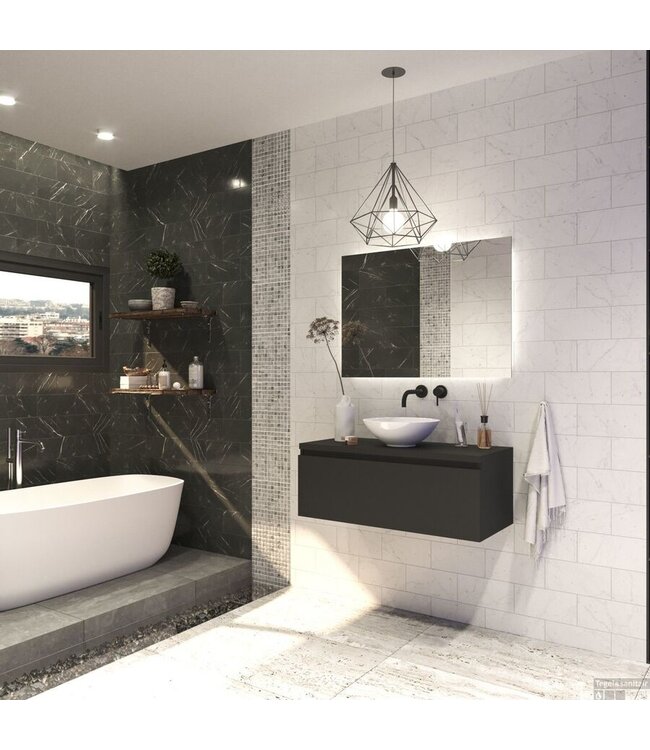 GLISS DESIGN Gliss Design Eros Badkamermeubel met Topblad Mat Zwart 90cm MDF 1 sofclose lade