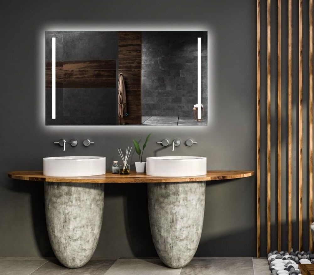 MIQU Led-badkamerspiegel met verlichting, 80 x 60 cm, grote badkamerspiegel met stopcontact, wandspiegel met anti-condens, met touch-dimfunctie, voor badkamer, toilet en hal