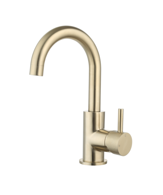 Wastafelkraan Ribbed Largo geborsteld Goud draaibaar uitloop Opbouw 26cm