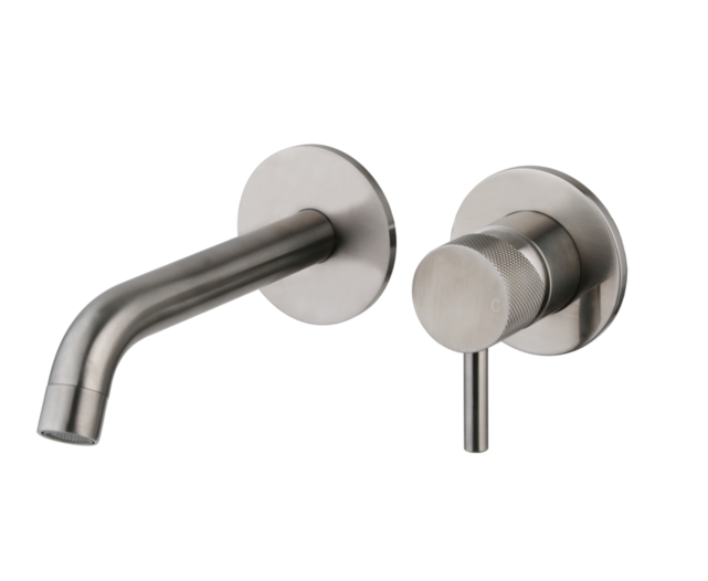 Wastafelkraan Inbouw Ribbed Gun metal Uitloop 20cm Compleet met inbouw box