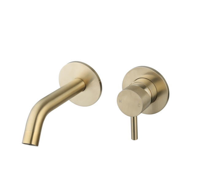 Wastafelkraan Inbouw Ribbed Goud Geborsteld Uitloop 20cm Compleet met inbouw box