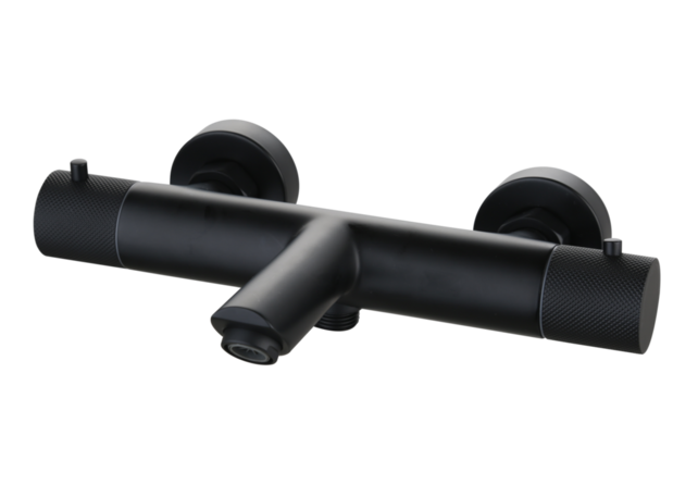 Badkraan Ribbed Mat Zwart thermostaatkraan Opbouw met baduitloop 15 HoH Badkraan Ribbed Mat Zwart thermostaatkraan Opbouw met baduitloop 15 HoH