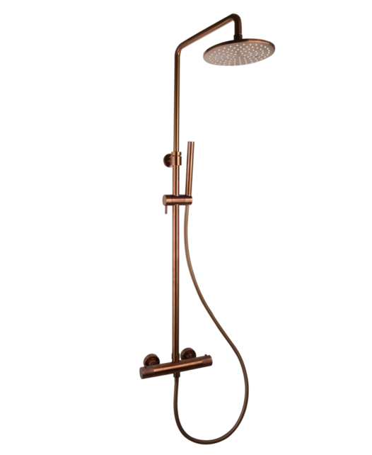 Regendouche set Ribbed Koper Brons Rond Opbouw met thermostaat Hoofddouche 20cm